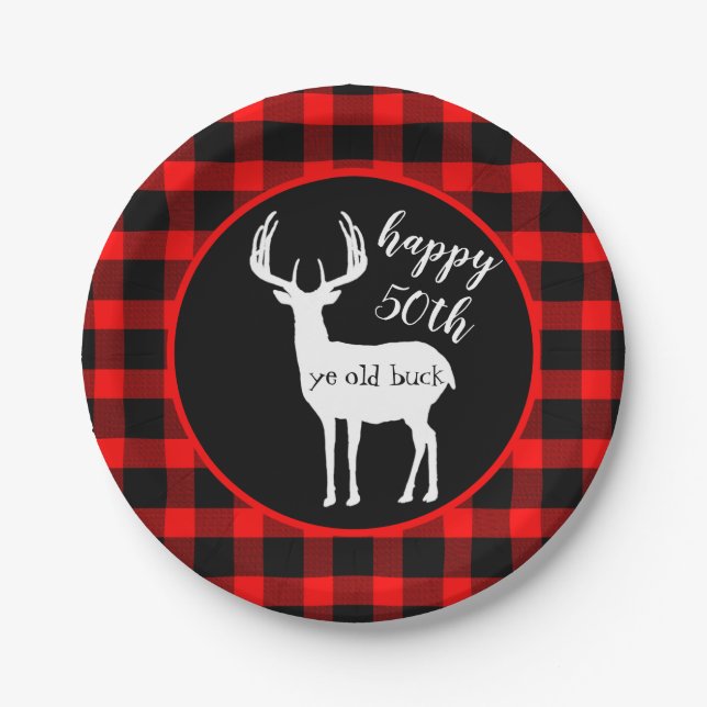 Happy 50th birthday ye old Buck Buffalo Plaid Paper Plate (Front)