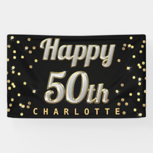 Happy 50th Bling Typography Gold Confetti Black Banner