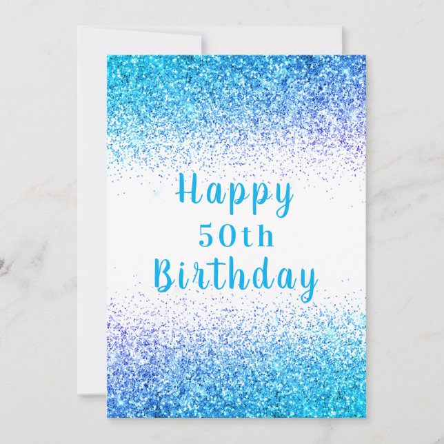 Happy 50th Blue Glitter Typography Birthday Card (Front)