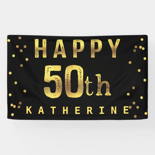 Happy 50th Faux Gold Foil Confetti Black Banner (Horizontal)