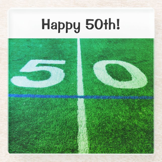 Happy 50th football 50 yard line photo glass coaster (Front)