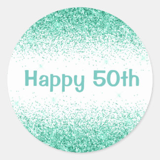 Happy 50th Glam Green Glitter Elegant Typography Classic Round Sticker