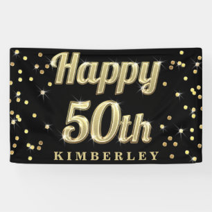 Happy 50th Gold Bling Typography Confetti Black Banner
