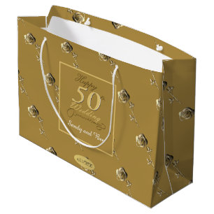 "Happy 50th Wedding Anniversary" 3D Roses on Ochre Large Gift Bag
