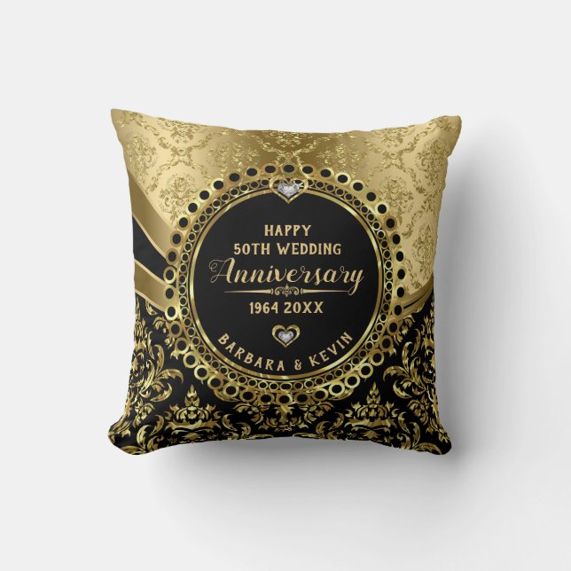 Happy 50th Wedding Anniversary Black & Shiny Gold Cushion (Front)