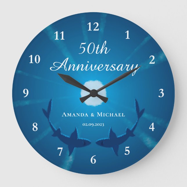 Happy 50th Wedding Anniversary Couple Sharks Moon Large Clock (Front)