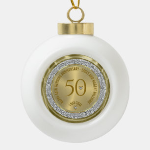 Happy 50th wedding anniversary diamonds and gold ceramic ball christmas ornament