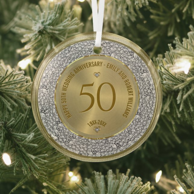 Happy 50th wedding anniversary diamonds and gold glass tree decoration (Insitu)