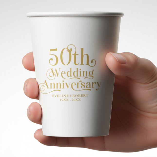 Happy 50th Wedding Anniversary Gold Typography Paper Cups (Creator Uploaded)