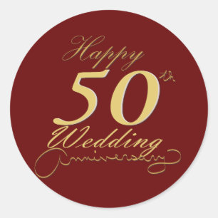 "Happy 50th Wedding Anniversary" Golden Red Classic Round Sticker