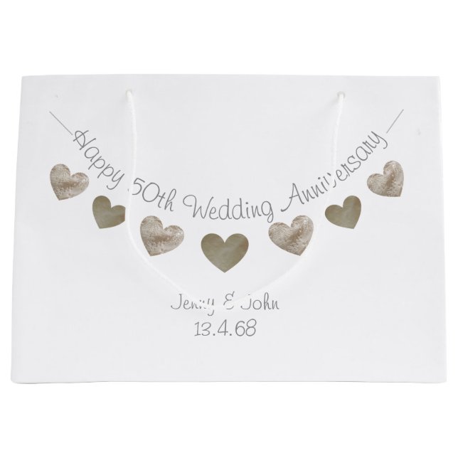 Happy 50th Wedding anniversary with golden hearts Large Gift Bag (Front)