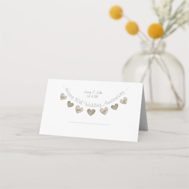 Happy 50th Wedding anniversary with golden hearts Place Card (Front)
