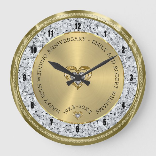Happy 50th wedding universally diamonds and gold large clock (Front)