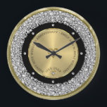 Happy 50th wedding universally diamonds and gold large clock<br><div class="desc">Happy 50th wedding anniversary with white encrusted faux diamonds and gold. Faux diamond double heart.</div>
