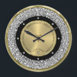 Happy 50th wedding universally diamonds and gold large clock<br><div class="desc">Happy 50th wedding anniversary with white encrusted faux diamonds and gold. Faux diamond double heart.</div>