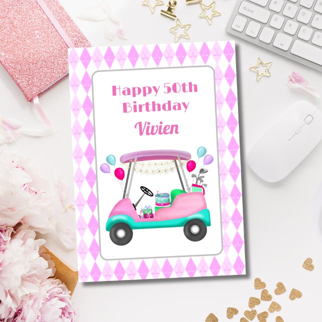 Happy 50th  Women's Golf Party Cart Birthday   Card (Hit a hole in one with this personalized birthday card for someone who is a golf fan!)