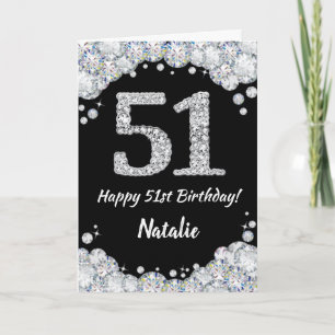 Happy 51st Birthday Black and Silver Glitter Card
