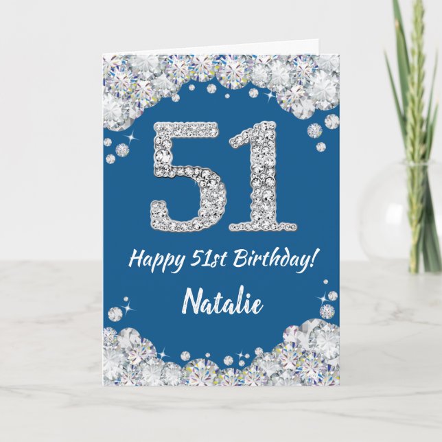 Happy 51st Birthday Blue and Silver Glitter Card (Front)