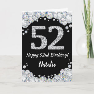 Happy 52nd Birthday Black and Silver Glitter Card