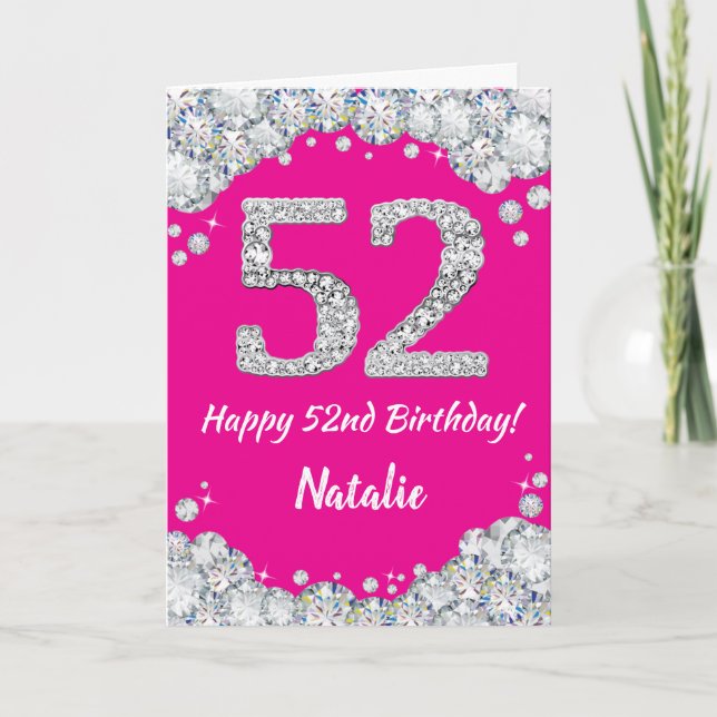 Happy 52nd Birthday Hot Pink and Silver Glitter Card (Front)