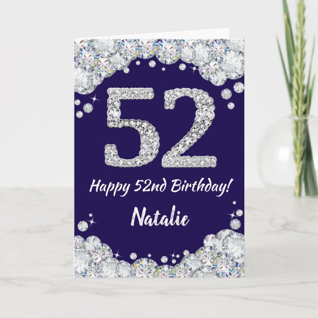 Happy 52nd Birthday Navy Blue and Silver Glitter Card (Front)