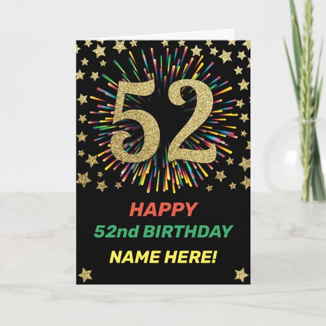 Happy 52nd Birthday Rainbow Firework Gold Card (Front)