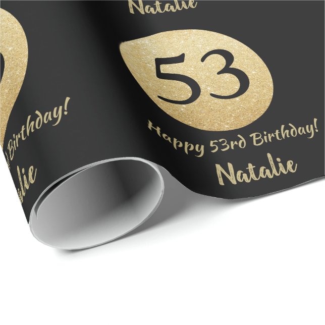 Happy 53rd Birthday Black and Gold Glitter Wrapping Paper (Roll Corner)