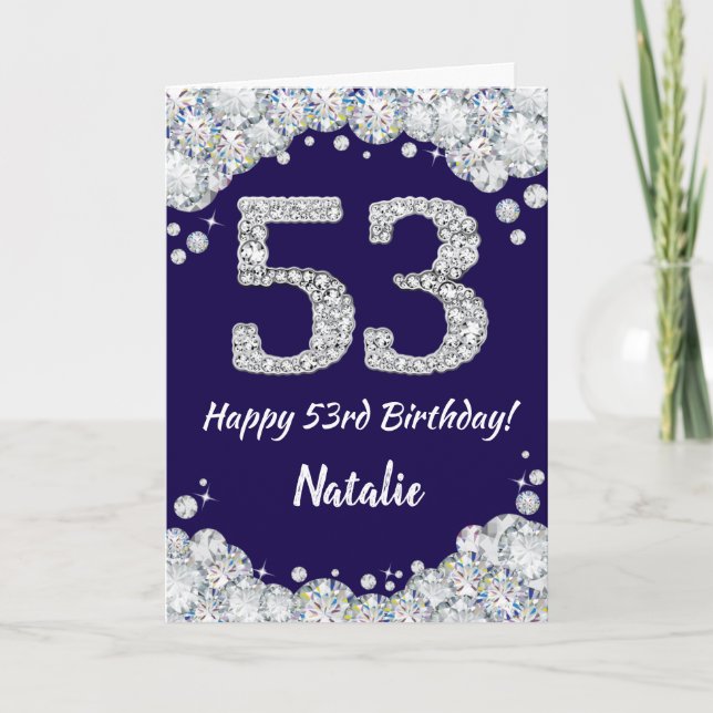 Happy 53rd Birthday Navy Blue and Silver Glitter Card (Front)