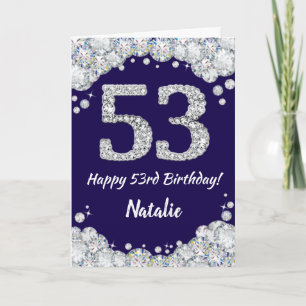 Happy 53rd Birthday Navy Blue and Silver Glitter Card