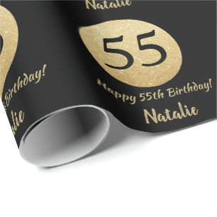 Happy 55th Birthday Black and Gold Glitter Wrapping Paper