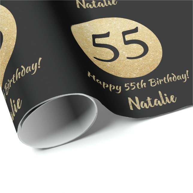 Happy 55th Birthday Black and Gold Glitter Wrapping Paper (Roll Corner)