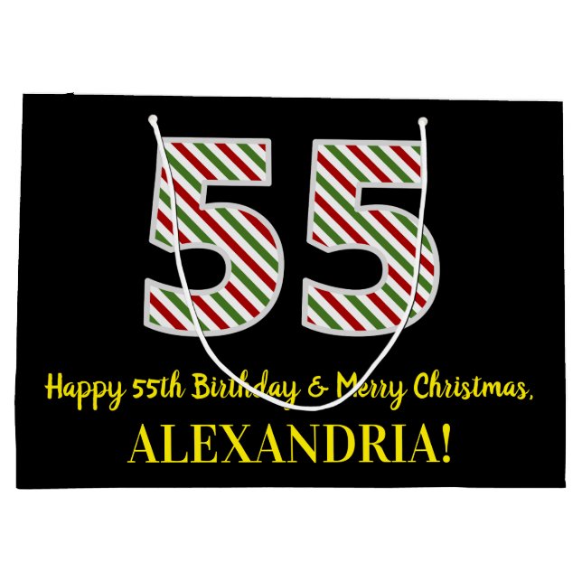 Happy 55th Birthday & Merry Christmas, Custom Name Large Gift Bag (Back)