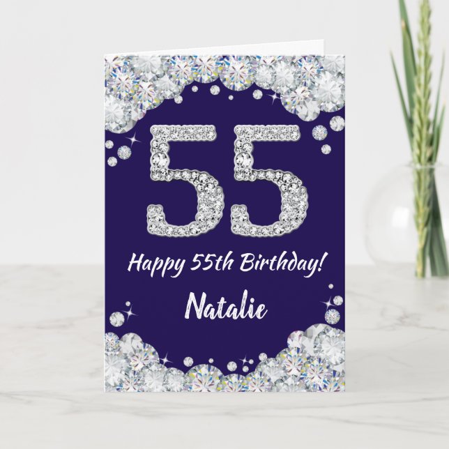 Happy 55th Birthday Navy Blue and Silver Glitter Card (Front)