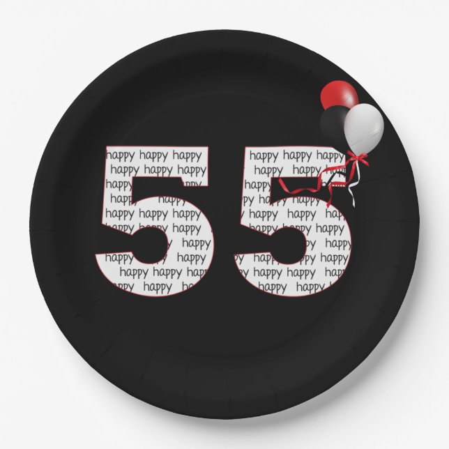 Happy 55th Birthday On Black Paper Plate (Front)