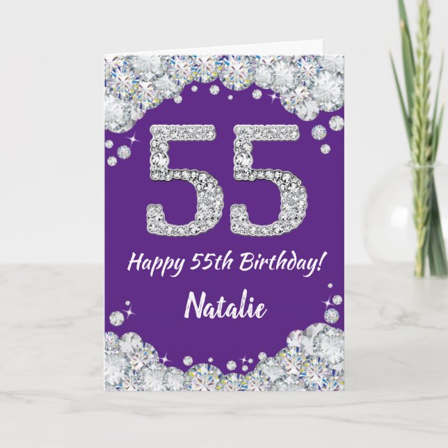 Happy 55th Birthday Purple and Silver Glitter Card (Front)