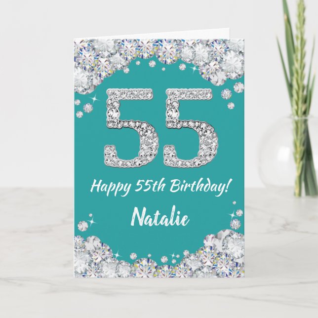 Happy 55th Birthday Teal and Silver Glitter Card (Front)
