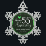 Happy 55th Wedding Anniversary Snowflake Pewter Christmas Ornament<br><div class="desc">Lovely grey Happy 55th Anniversary ornament. Faux foil on 55th and as a border frame. Green oil background created by Valarie Wade. Tiny green heart gem in the upper corner. Names and dates are adjustable.</div>