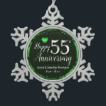 Happy 55th Wedding Anniversary Snowflake Pewter Christmas Ornament<br><div class="desc">Lovely grey Happy 55th Anniversary ornament. Faux foil on 55th and as a border frame. Green oil background created by Valarie Wade. Tiny green heart gem in the upper corner. Names and dates are adjustable.</div>