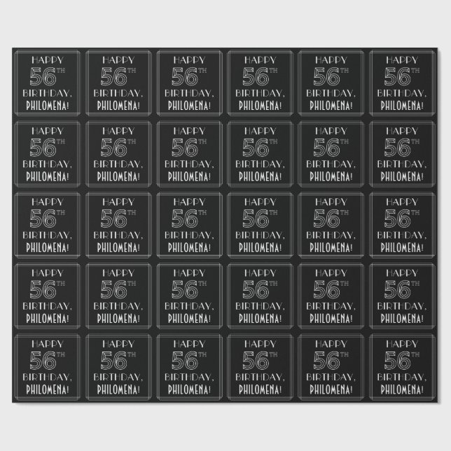 HAPPY 56TH BIRTHDAY; Art Deco Style w/ Custom Name Wrapping Paper (Flat)