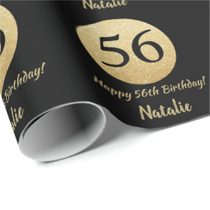 Happy 56th Birthday Black and Gold Glitter Wrapping Paper