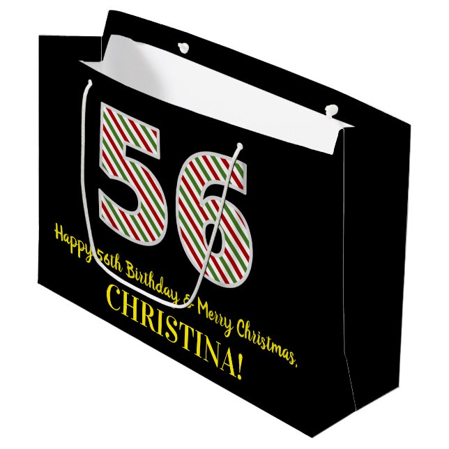 Happy 56th Birthday & Merry Christmas, Custom Name Large Gift Bag (Front Angled)