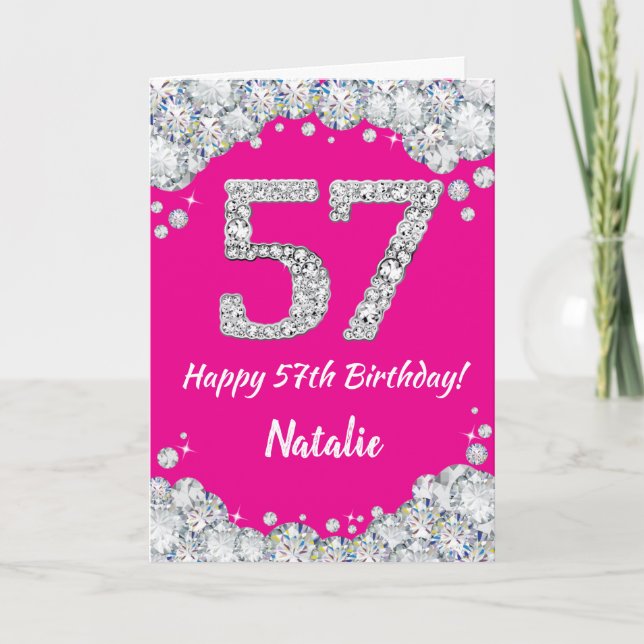 Happy 57th Birthday Hot Pink and Silver Glitter Card (Front)