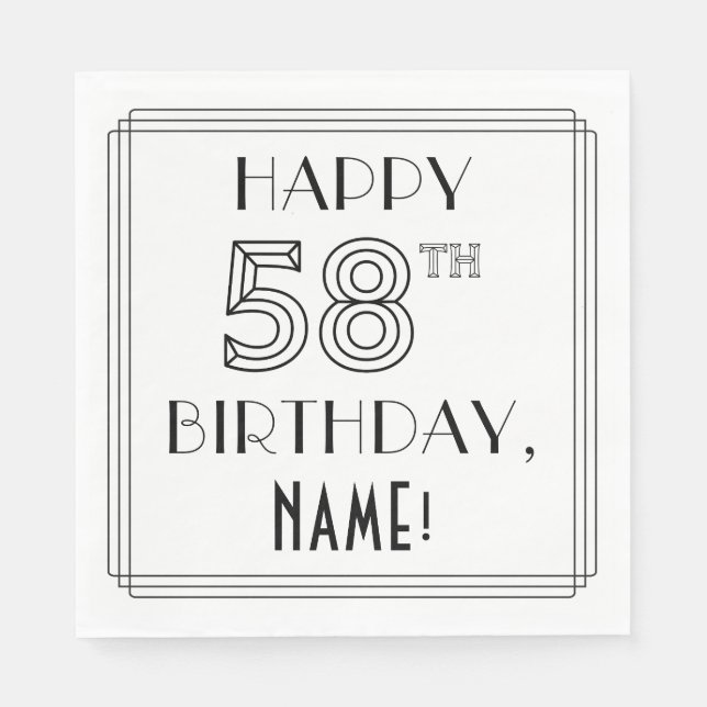 HAPPY 58TH BIRTHDAY; Art Deco Style; Custom Name Napkin (Front)