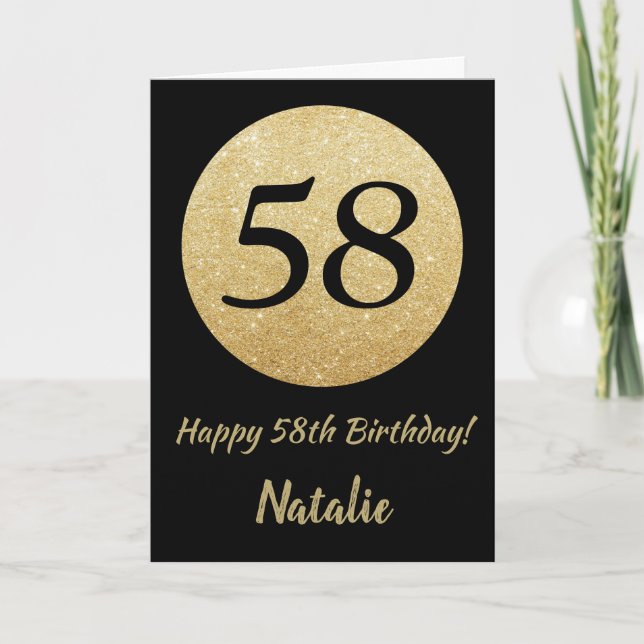 Happy 58th Birthday Black and Gold Glitter Card (Front)
