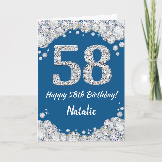 Happy 58th Birthday Blue and Silver Glitter Card (Front)