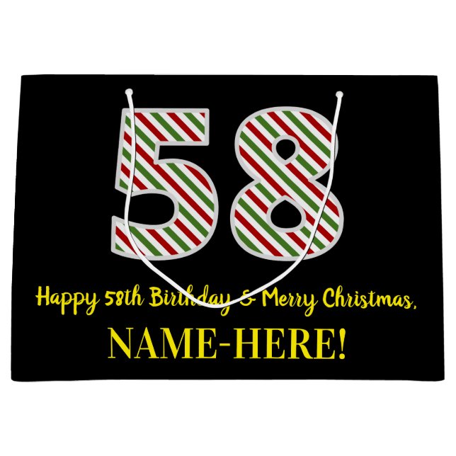 Happy 58th Birthday & Merry Christmas, Custom Name Large Gift Bag (Front)