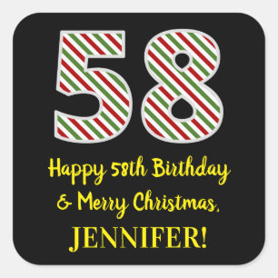 Happy 58th Birthday & Merry Christmas, Custom Name Square Sticker