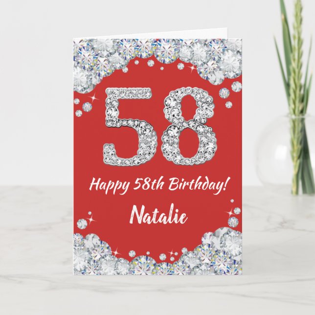 Happy 58th Birthday Red and Silver Glitter Card (Front)