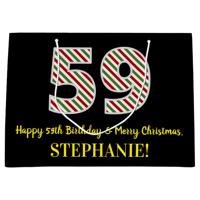 Happy 59th Birthday & Merry Christmas, Custom Name Large Gift Bag (Front)