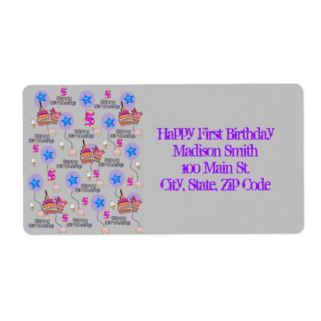 Happy 5th Birthday Address Labels, Gray (Front)